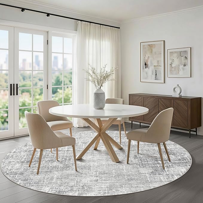 10ft Round Rug Living Room: 10x10 Washable Large Neutral Grey Circle Area Rug Abstract Soft Modern Stain Resistant Indoor Floor Non-Slip Carpet for Bedroom Nursery Kids Office Playroom Dining Room