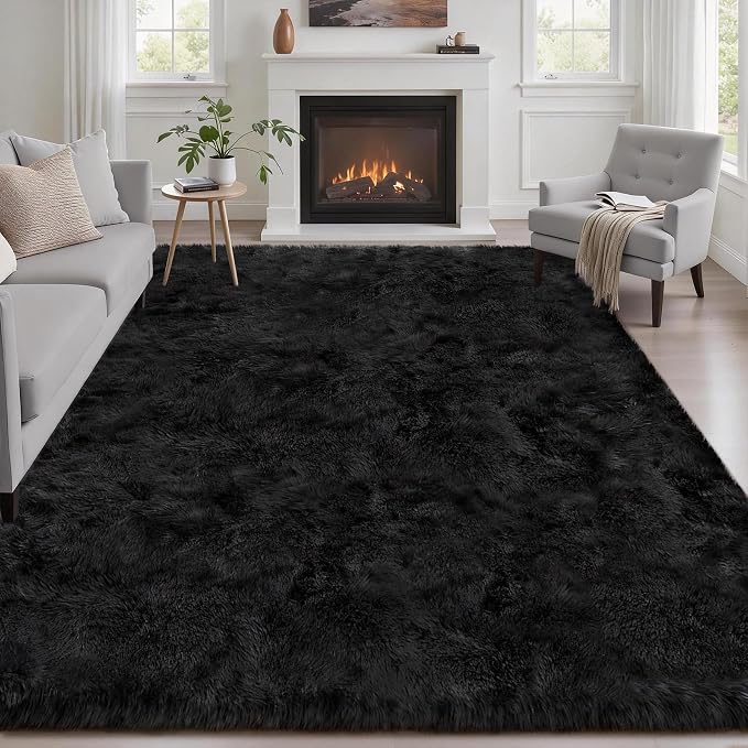 Fluffy 5x7 Area Rugs for Living Room Bedroom: Ultra Soft Shag Rug Non-Slip Non-Shedding Small Plush Bedside Rug Indoor Floor Carpets for Kids Room Playroom Entryway Nursery Dorms Home Decor Black