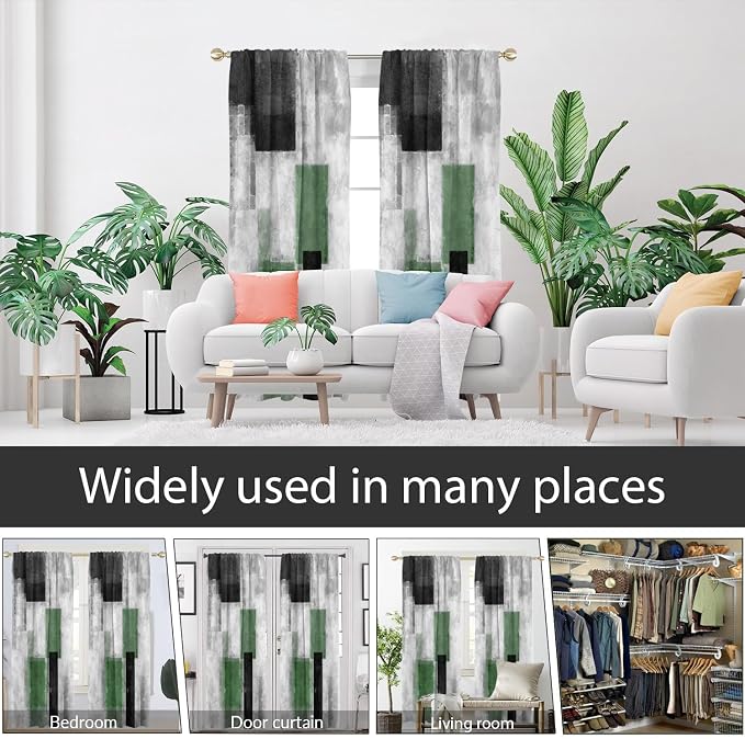 AAtter Green Window Curtain Extra Long Wide Large Tall Sage Black White Plaid Dark Olive Emerald Grey Gray Modern Abstract Living Room Bedroom Drapes Treatment Fabric 1 Pair, 52" W x 84" L, Checkered