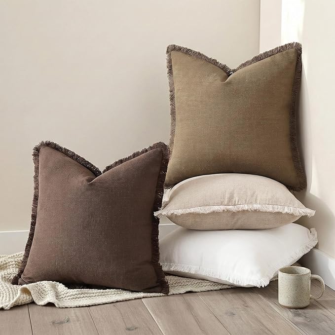 decorUhome Linen Fringe Euro Sham Throw Pillow Covers Set of 2 Decorative Light Brown Pillow Covers with Tassels Soft Accent Boho Farmhouse Pillow Cases for Couch Bed Sofa 26x26 Inch