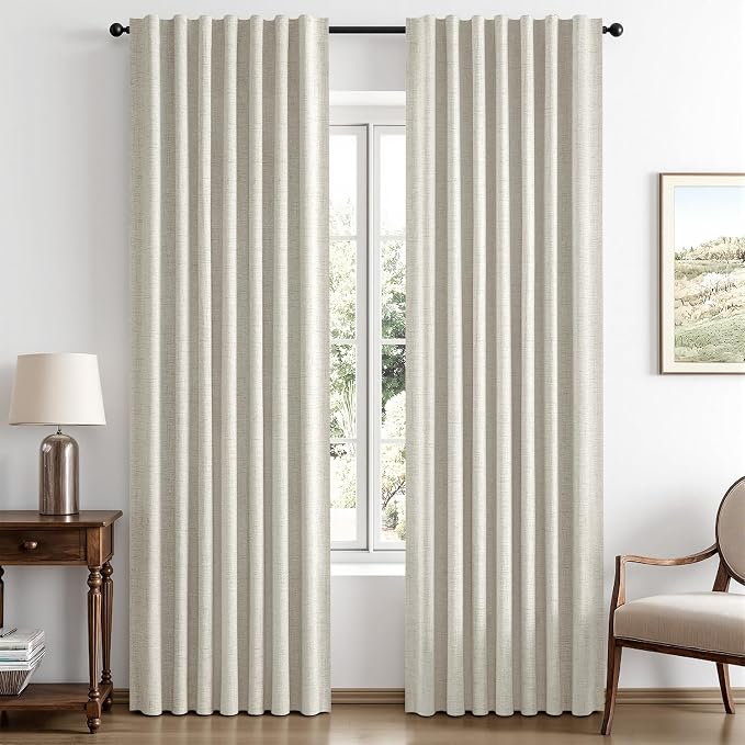 MIULEE 100% Blackout Linen Curtains for Bedroom, Light Cream Solid Luxury Decor Thermal Insulation Room Darkening Drapes for Living Room Back Tab Rod Pocket 42 x 72 Inches, 2 Panels