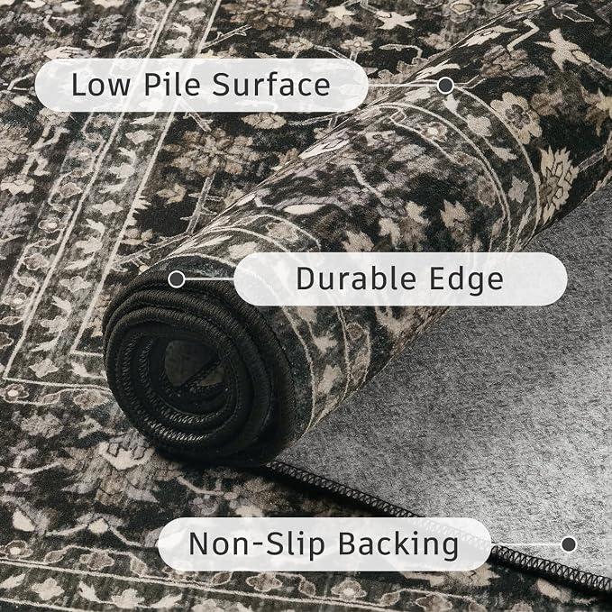 DCX Black 4x6 Rug, Kid & Pet Friendly with Rubber Back Non Slip, Machine Washable Stain Resistant Vintage Traditional Distressed Carpet, Rug for Living Room, Bedroom, Home Decor
