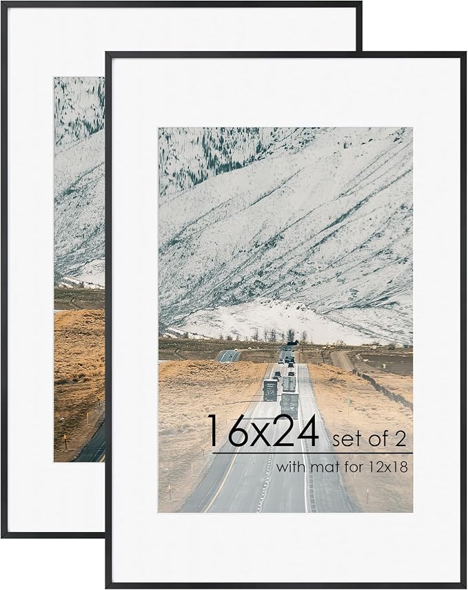 FLYJOE 16x24 Frame | 16x24 Poster Frame With Mat For 12x18 | Metal Aluminum Picture Frame With Tempered Glass | Minimalist Modern Poster Frame | Hanging Hardware Included | Set of 2, Black
