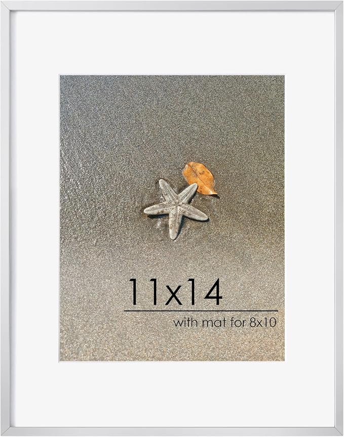 FLYJOE 11x14 Picture Frame - 11 by 14 Metal Picture Frame With Mat For 8x10 | 14x11 Frame Aluminum | Plexiglass And Hanging Hardware Included | 11x14 Poster Frame | Silver