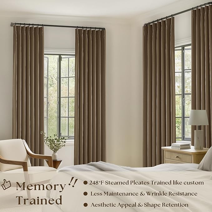 Brown Pinch Pleated 100% Blackout Linen Curtains for Bedroom 84 Inch Length Room Darkening with Liner Dutch Cocoa Window Curtains 84 Inches Long for Living Room Black Out Pleat Drapes Back Tab