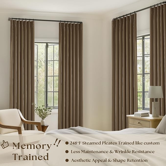 Dark Brown Pinch Pleated Linen Blackout 105 Inch Curtains 2 Panels for Living Room Bedroom Thermal Insulated 100% Black Out Linen Drapes with Liner Room Darkening Window Curtains 40x105 Dutch Cocoa