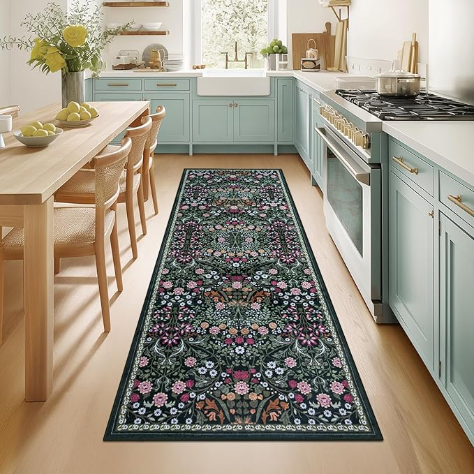 Runner Rug for Entryway: 2x5 Kitchen Rugs Non Slip Washable Ultra-Thin Soft Floral Carpet Indoor Floor Stain Resistant Carpets for Hallway Bedroom Kitchen Laundry Bathroom Dorm Dark Green