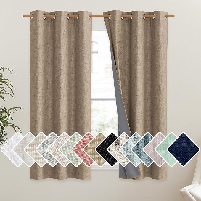 NICETOWN Burlap Vintage Open Linen Weave Flax Thermal Curtains, 100% Blackout Curtains 54" Long for Dining Room, Soundproof Window Treatment Drapes for Kitchen, 42" Wide Per Panel, Set of 2