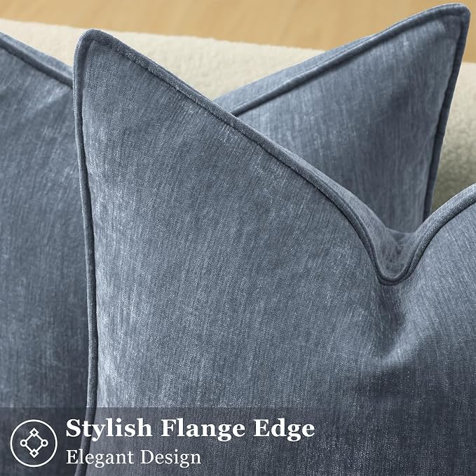decorUhome Fall Couch Euro Sham Throw Pillow Covers 26x26 Set of 2, Decorative Soft Velvet Modern Cozy Chenille Pillow Cases with Elegant Design for Sofa Bed Living Room Home Decor, Haze Blue