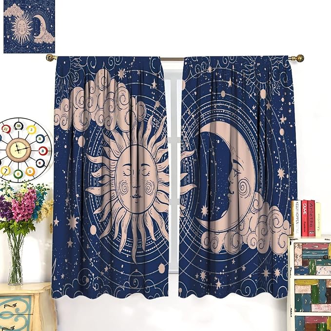 Sun Moon Blackout Windows Curtains, Boho Celestial Bodies Gold Sun Moon and Stars Pattern Window Drapes, for Living Room Bedroom 63x72in 2 Panels