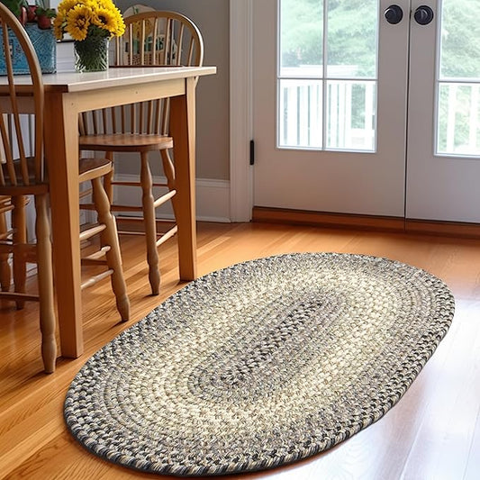 Super Area Rugs Braided Rugs Farmhouse Kitchen Rug - Ridgewood Gray Braided Rug for Living Room - Reversible - Indoor/Outdoor - Made in USA - Graphite/Beige, 2' X 4' Oval Runner