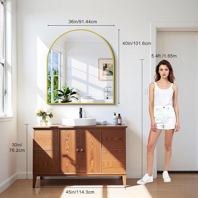 CIRCUMI Arched Wall Mirror, 36"x40" Gold Arched Mirror with Tempered Glass, Metal Frame, Large Size for Bathroom, Living Room,Entryway,Over Sink, Arch Mirror for Decor,Shatterproof&Crystal-Clear