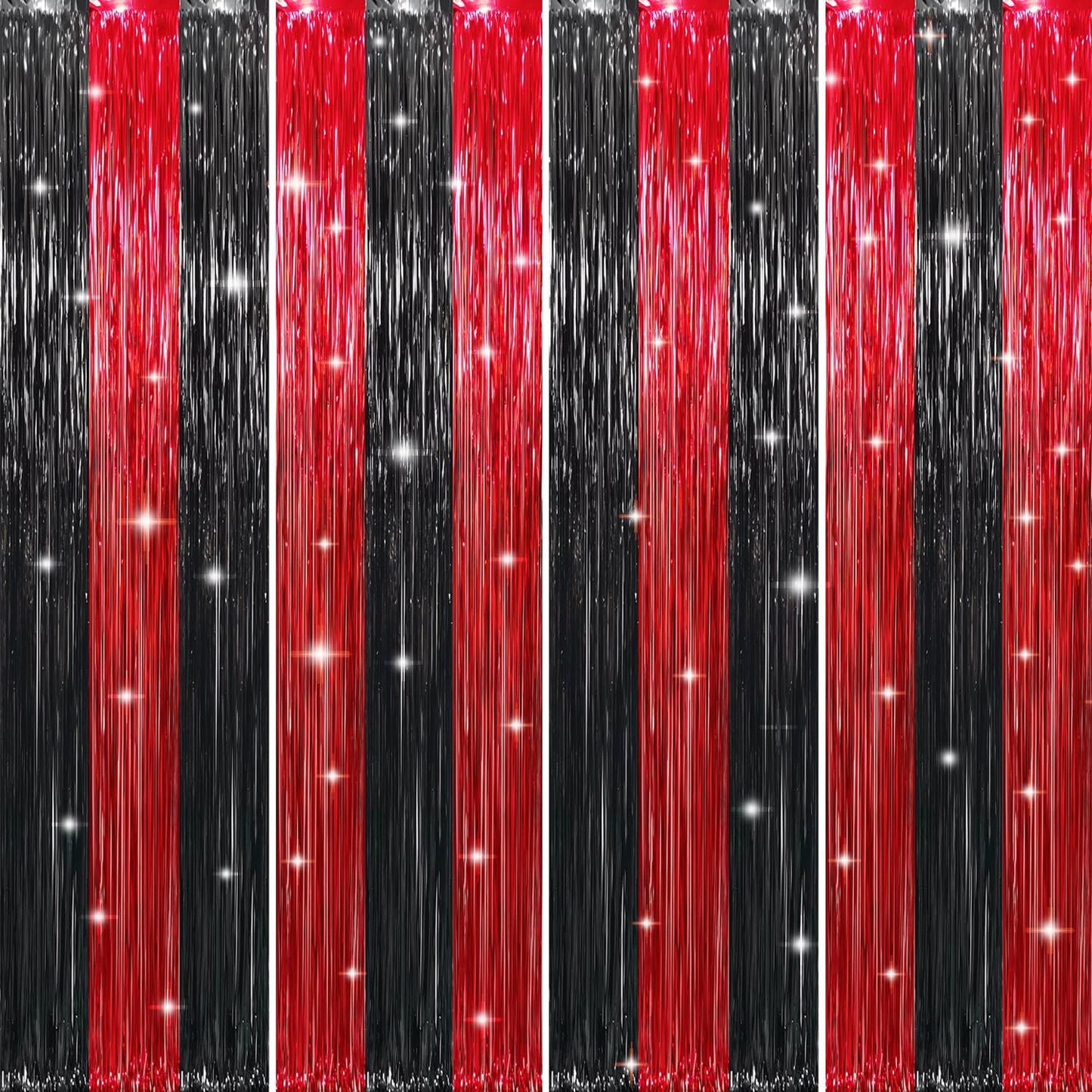 GOER 3.2 ft x8.2 ft Metallic Tinsel Foil Fringe Curtains Party Photo Backdrop Party Streamers for Birthday,Graduation,New Year Eve Decorations Wedding Decor (4 Pcs,Black&Red)