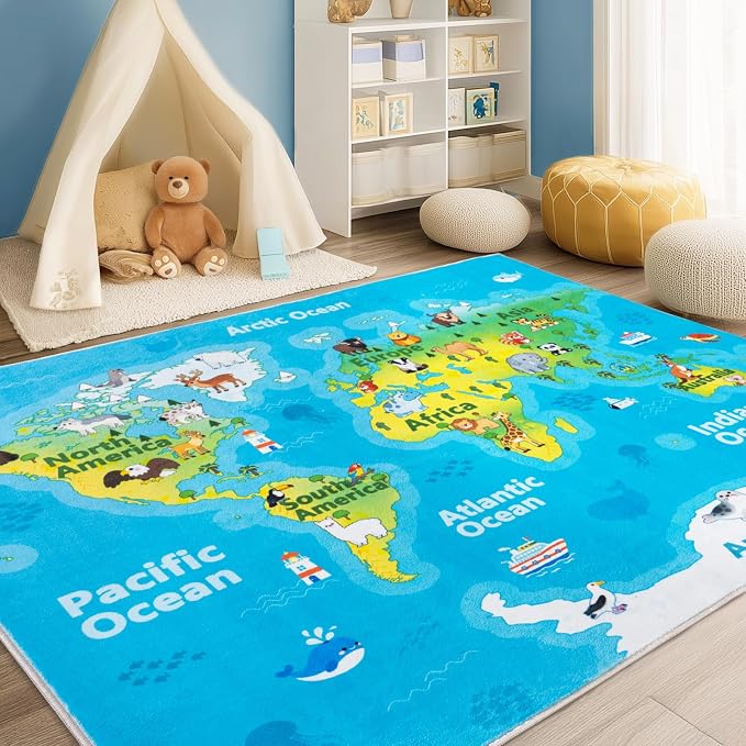 Kids Playroom Rug, 5x7ft World Map Rugs with Cute Animals, Washable Durable Soft Carpet Kid Educational Rugs for Boys Girls Bedroom Nursery Classroom