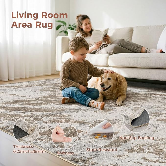 DMOYEST 7x9 Washable Area Rug: Abstract Modern Non-Slip Carpet, Soft Low Pile Indoor Neutral Easy Clean Floor Rugs for Living Room Bedroom Dining Room Kids & Pets - Brown