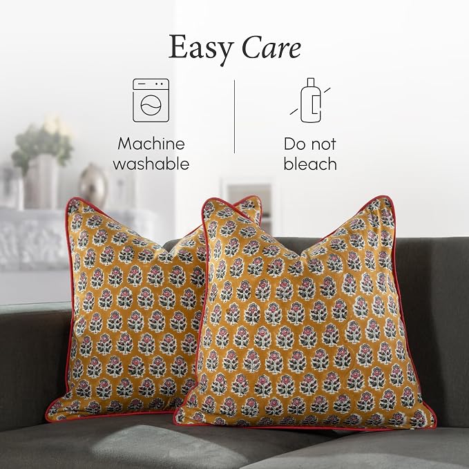 CPC 100% Cotton Throw Pillow Covers 24x24 Inch, Set of 2 Yellow Block Print Pattern Couch Pillow, Cute Boho Decorative Pillows for Living Room, Bedroom with Hidden Zipper- Yellow Citrine