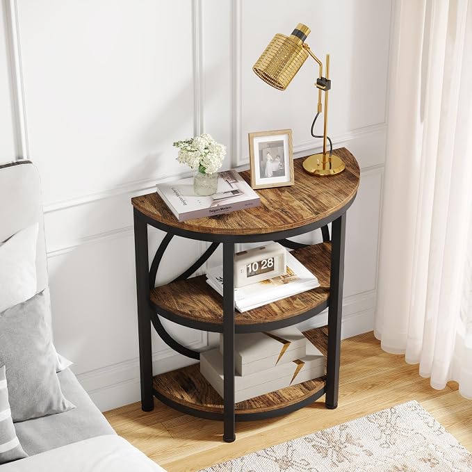LITTLE TREE Half Round End Table, 3-Tier Narrow Side Table with Metal Frame, Half Circle Table, Half Moon Small Coffee Accent Table Bedside Table for Living Room, Bedroom