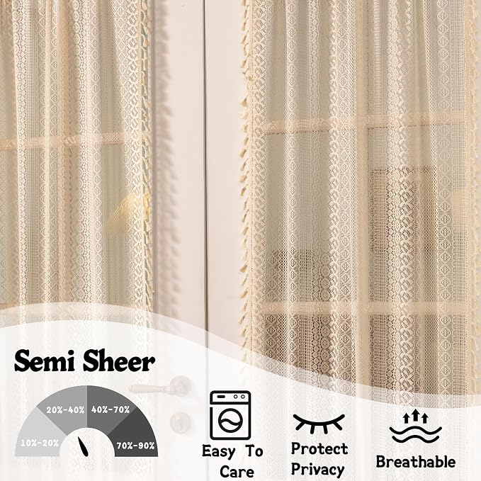 Sutuo Home Beige Door Curtains for Doorway Glass & Sidelights, Vintage Chic Privacy Print Drapes French Country Handmade Tassels Xmas Boho Curtains for Front Door, Rod Pocket 2 Panels 25" W x 40" L