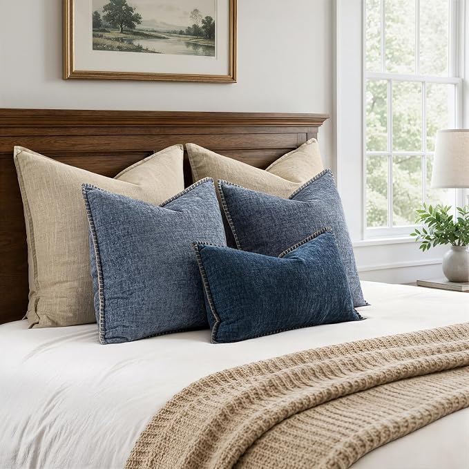 MIULEE Pack of 2 Couch Throw Pillow Covers 16x16 Inch Dark Grey Blue Farmhouse Decorative Pillow Covers with Stitched Edge Soft Chenille Solid Dyed Pillow Covers for Sofa Bed Living Room