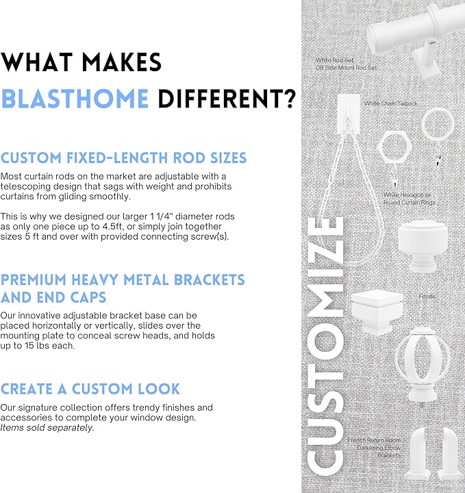 BlastHome® Non-Adjustable Luxury Curtain Rods for Windows, 1 ¼” Rod Set, 3 1/2 foot Fixed Length, White