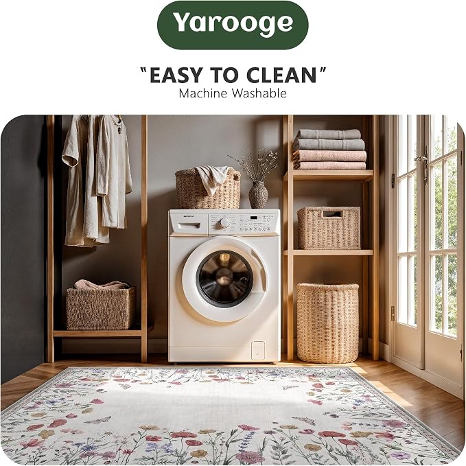 6x9 Area Rugs, Washable Floral Area Rugs for Living Room, Indoor Area Rug for Bedroom, Dining Room, Low Pile Non-Slip Non Shedding Rugs(Classic Beige)