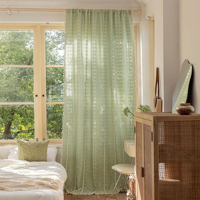 Deeprove Sage Green Boho Curtain 84 inches Length for Living Room Bedroom Nursery Doorway, Sheer Bohemian 84 inches Long Stripe Embroidery Privacy Window Fringe Christmas Decor W52 x L84, 1 Panel