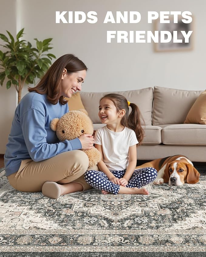 Roxstand 9x12 Washable Area Rug, Large Non Slip Rug, Black/Beige | Non-slip Backing, Low-Pile Carpet, Stain Resistant, Rugs for Living Room, Bedroom, Dining Room, Office