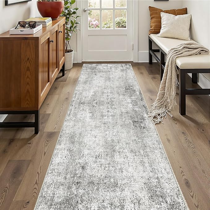 RELEANY Washable Area Rugs 2'x10' Non-Slip Modern Abstract Soft for Living Room Entryway Bedroom Kitchen, Print Pattern, Gray White Grey