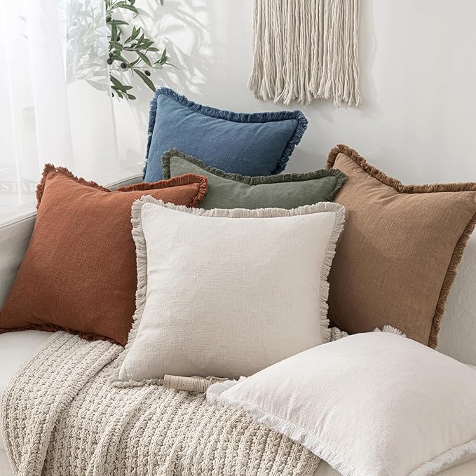 MIULEE Decorative Throw Pillow Covers Neutral Linen Fringe Throw Pillows Set of 2 Blue Ashes Boho Farmhouse Cushion Covers with Tassels for Couch Sofa Bed Spring Home Decor 28x28 Inch