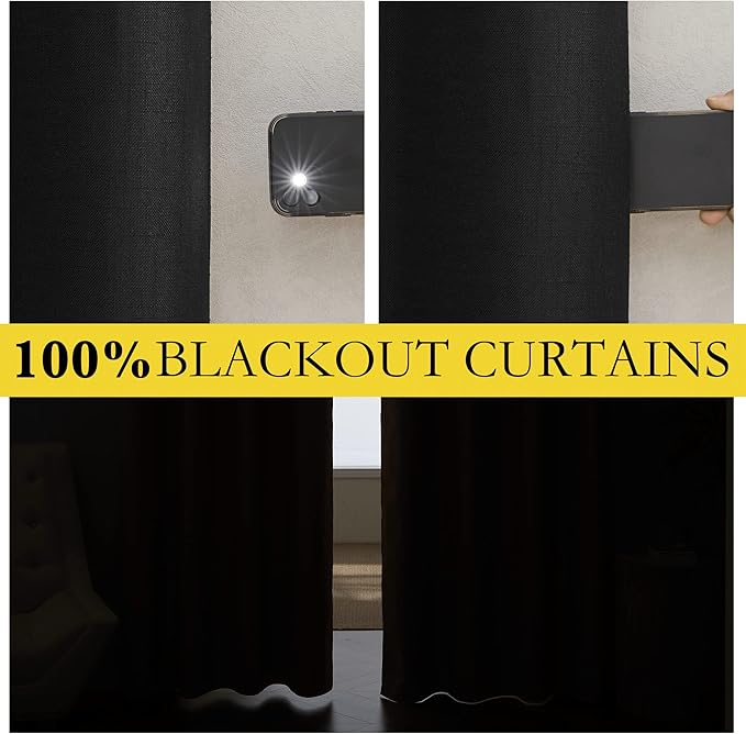 NICETOWN Vintage Open Linen Weave Flax Thermal Curtains, 100% Blackout Curtains 108 inches Long for Dining Room, Soundproof Window Treatment Drapes for Hall Room, Black, 52" Wide Per Panel, Set of 2