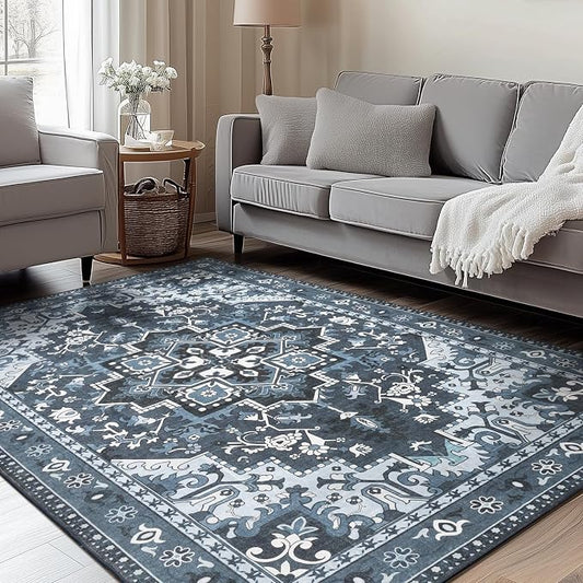 Rugflix 4x6 Area Rugs Machine Washable, Dark Navy Blue Carpet for Living Room, Oriental Indoor Area Rug Low Pile, Large Soft Thick Carpets Non Slip, Farmhouse Vintage Rug for Bedroom Dining Room