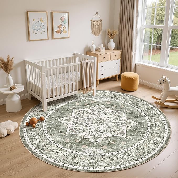 8ft Round Area Rug: Washable Vintage Neutral Soft Non Slip Thin Large Floor Carpet for Living Room Bedroom Kitchen Dining Room Home Office Farmhouse Indoor - Green