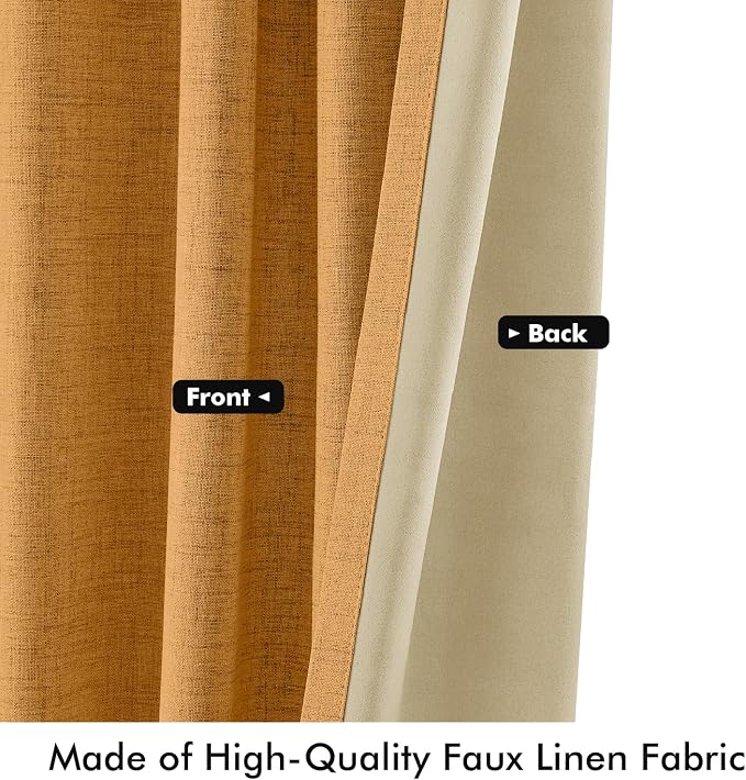 MIULEE 100% Blackout Linen Curtains for Bedroom, Mustard Yellow Solid Luxury Decor Thermal Insulation Room Darkening Drapes for Living Room Back Tab Rod Pocket 42 x 90 Inches, 2 Panels