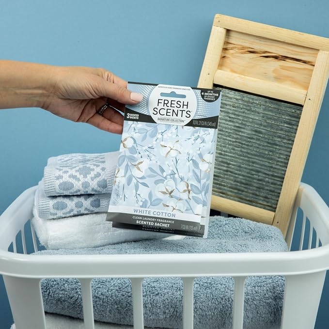 Fresh Scents Scented Sachets | White Cotton | Home Fragrance | Long Lasting (Up to 6 Months) | Air Freshener for Closets, Drawers, & Cars | 6 Pack