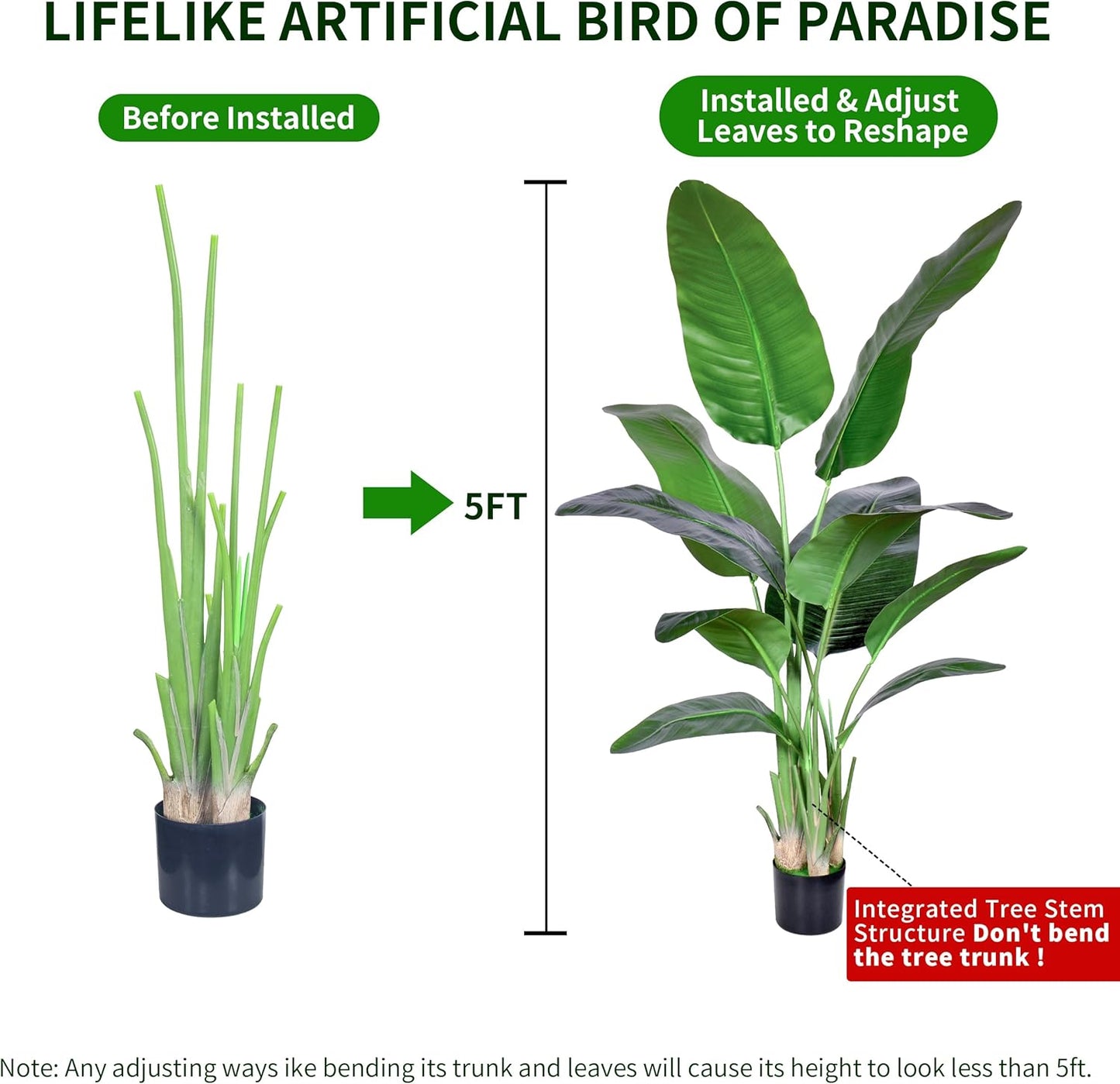 Artificial Bird of Paradise Plant,Faux Palm Tree Potted Plant with Real Touch Leaves,Fake Trees for Home Living Room Office Indoor Outdoor Decor(5FT-1Pack)