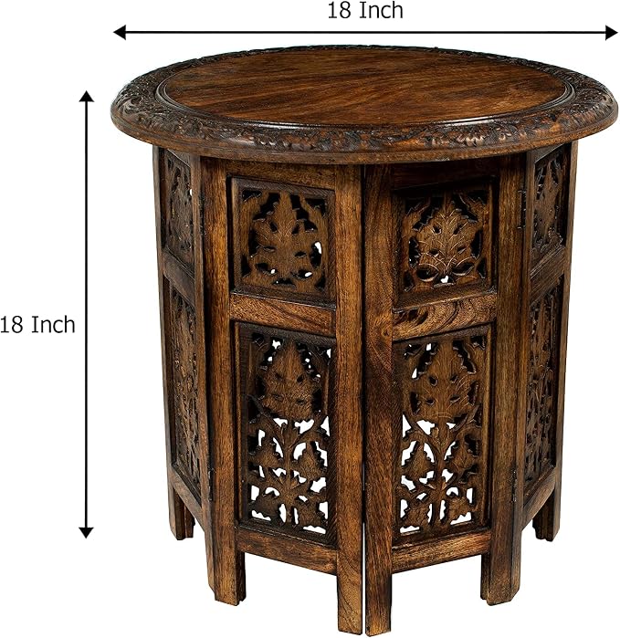 Solid Wood Accent End Table - Hand Carved Vintage Boho Folding Side Table - Small Spaces Entryway Farmhouse Living Room Bedside - No Tools Assembly -18x18 Round - Jaipur Antique Brown -Cotton Craft