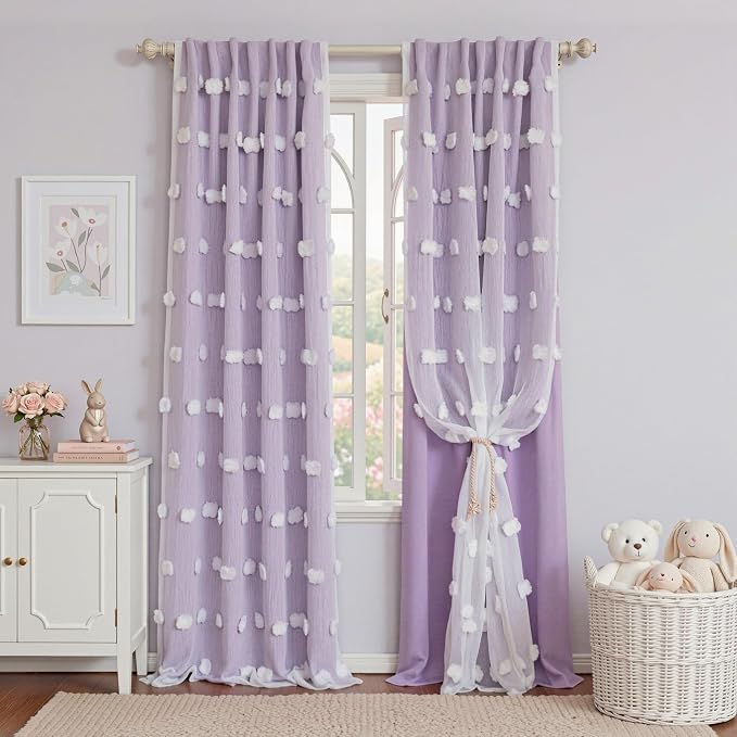 MYSKY HOME Purple Curtains for Girls Bedroom 90 Inches Long Nursery Drapes with White Pom Pom Sheer Curtain for Living Room Back Tab Double Layer Darkening Window Panels W52 X L90, 2 Pieces