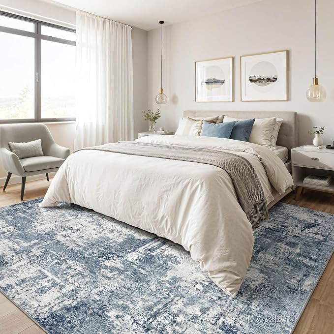 6x8 Area Rug Living Room: Washable Large Abstract Modern Soft Rug Stain Resistant Indoor Non-Slip Carpet for Bedroom Dining Room Nursery Kids Playroom Office Home House- Blue White