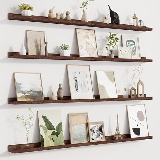 Fun Memories Picture Ledge Shelf for Wall, Floating Shelves Set of 4, 48 Inch Long Nursery Book Shelves for Toys Storage, Kids Bookshelf Wall Mounted for Books Photo Frames, Walnut