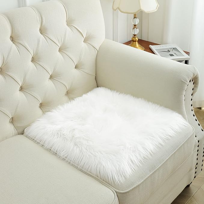 Softlife White Sheepskin Chair Cover 4 PCs Seat Cushion Pad Super Soft Area Rugs for Living Bedroom Sofa Dorm (1.6ft x 1.6ft)