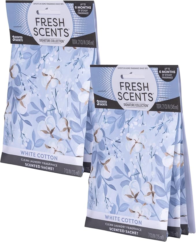 Fresh Scents Scented Sachets | White Cotton | Home Fragrance | Long Lasting (Up to 6 Months) | Air Freshener for Closets, Drawers, & Cars | 6 Pack