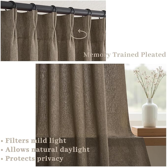 Dark Flax Pinch Pleated Linen Curtains 105 Inch Length 2 Panels for Living Room Bedroom Semi Sheer Window Curtain Boho Neutral Back Tab Pinch Pleat Drape with Hooks 105 Inches Long