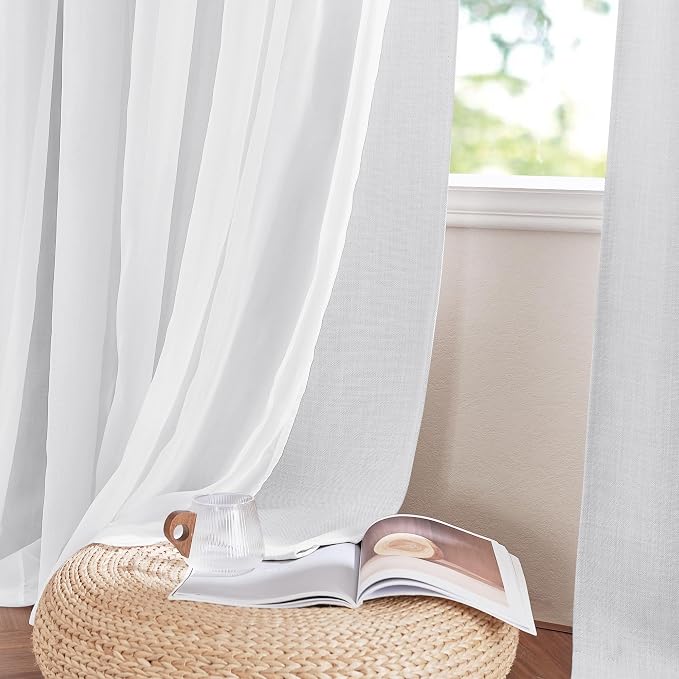 NICETOWN Double Layer Lined Curtains with Sheer Overly, Farmhouse Style Linen Blend Light Filtering Room Darkening Curtains for Kids Room, Bedroom Curtains (2 Panels, W52 x L84, Greyish White)
