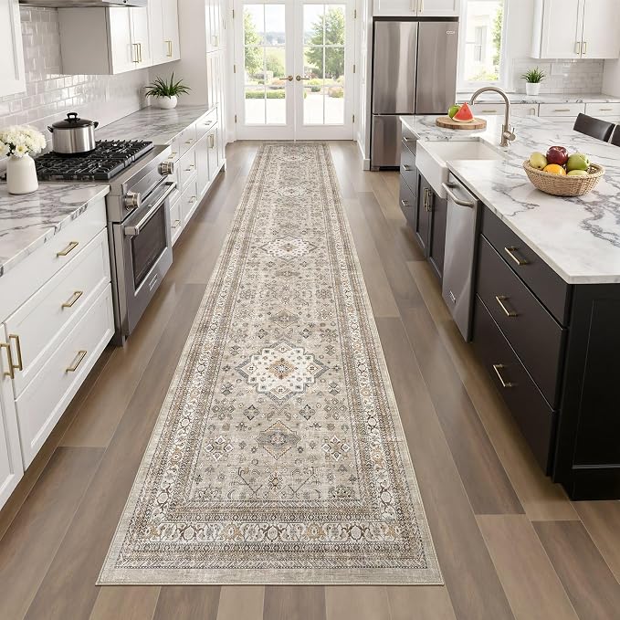 Vintage Hallway Runner Rug 2x6: Large Soft Washable Entryway for Kitchen Laundry Room Non-Slip Backing Runner for Entrance Living Room Bedroom Bathroom - Beige