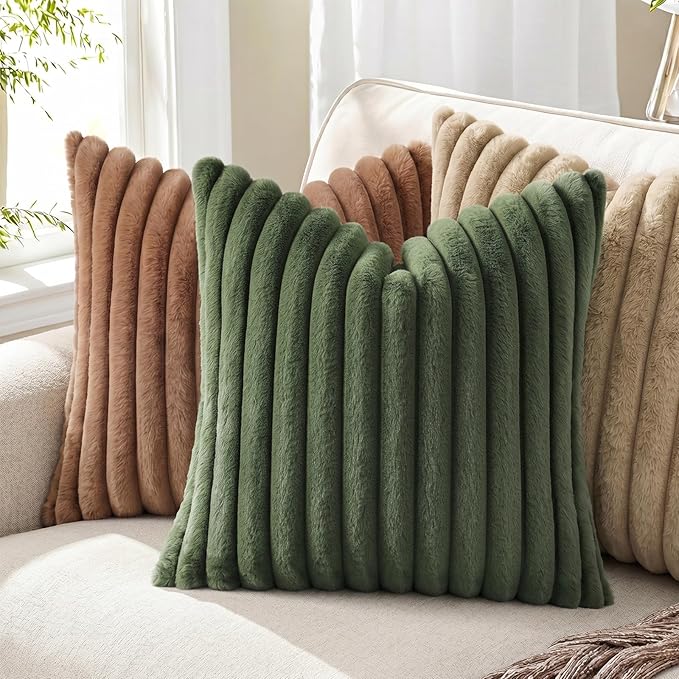 Pallene Faux Fur Plush Throw Pillow Covers 20x20 Set of 2, Luxury Soft Fluffy Striped Decorative Pillow Covers for Sofa, Couch, Living Room, Olive Green