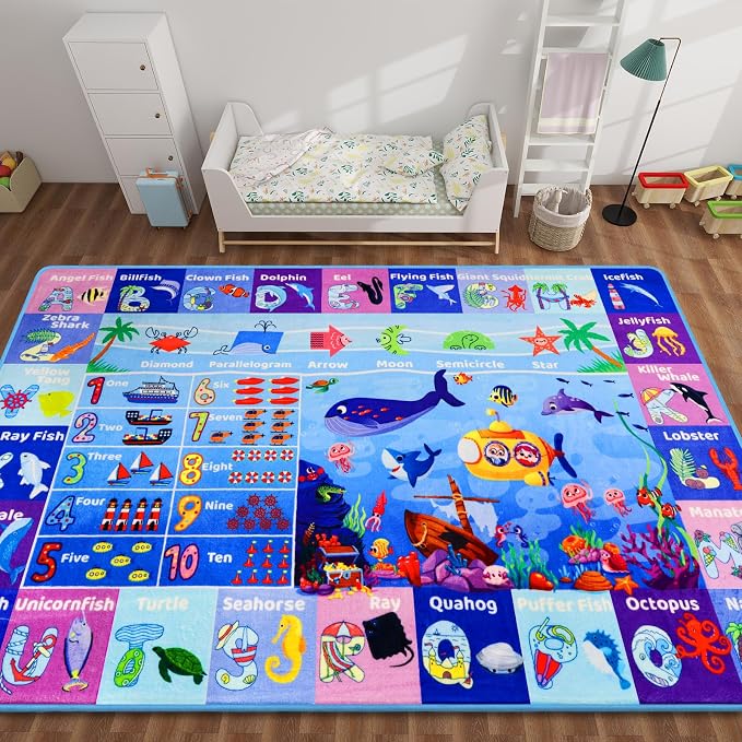 Extra-Large 6'7"×10' Ocean World Learning Rug with ABC, Sea Animals, Numbers & Shapes for & Preschoolers, Washable Non-Slip Activity Carpet for Playroom, Nursery, Classroom