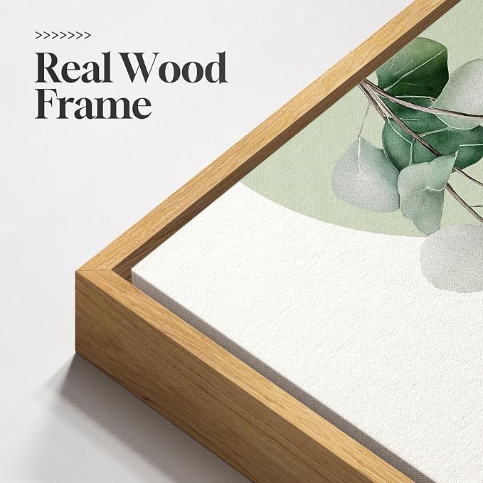 Framed Green Boho Wall Art for Living Room, 3 Piece Bohemian Botanical Canvas Painting Prints, Modern Geometric Eucalyptus Leaf Large Pictures for Bedroom Dining Room Office Wall Decor, 16x24 Inch