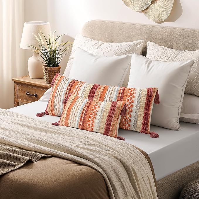 Kevin Textile 12x20 Inch Lumbar Throw Pillow Cover 1 Pack Fall Boho Decorative Soft Chenille Thread Woven Tufted Textured Rectangle Cushion Case for Living Room Couch Sofa Bed, Burnt Orange