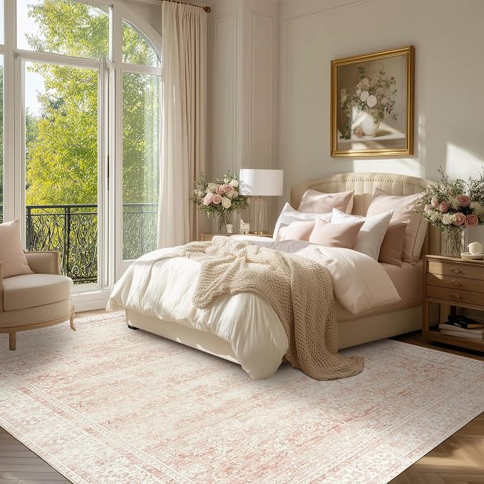 Pink Area Rug for Living Room Low Pile Soft 8 x 10 Carpet with Non Slip Washable Neutral Boho Floral Rugs for Hardwood Floor Protector Extra Large Area Rugs 8x10 for Big Nursery Bedroom Livingroom