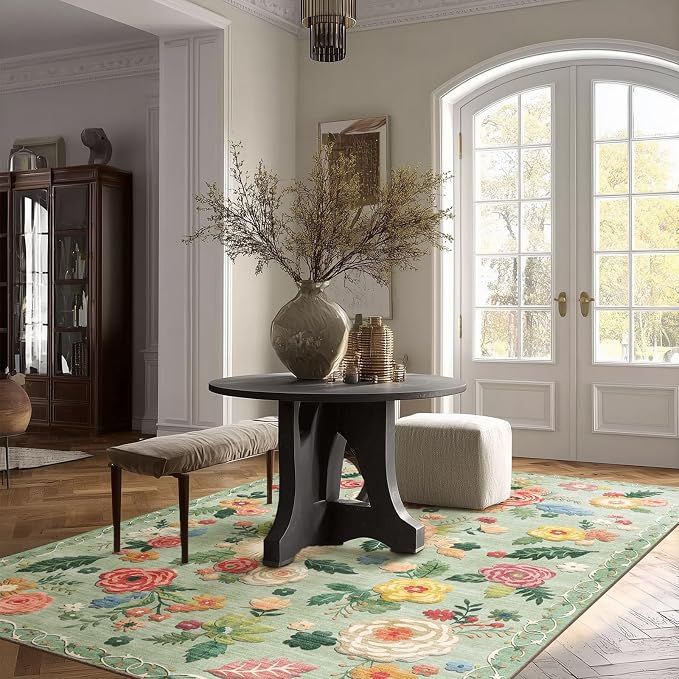 4x6 Bedroom Area Rug Washable: Throw Rugs for Living Room Floral Green Rug Non Slip Low Pile Faux Wool Non Shedding Small Carpet for Kitchen Entryway Bedside Home Office Dorm Kids Room Entrance Entry